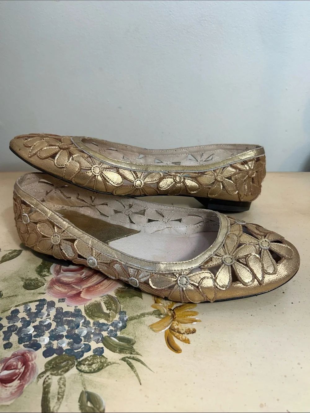 Michael Kors Gold Floral Leather  Cutout Ballet Flats